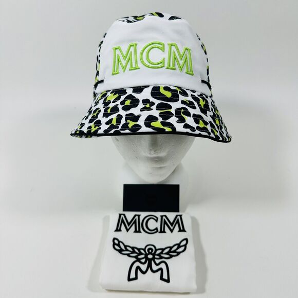 MCM Leopard Print Bucket Hat Multi Logo Embroidered Adjustable NWT $290 - Picture 6 of 16